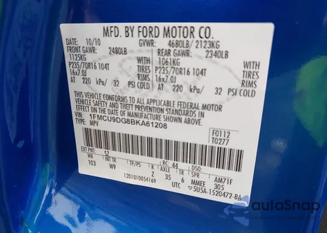 2011 Ford Escape Xlt из США, поврежденный, VIN 1FMCU9DG8BKA61208